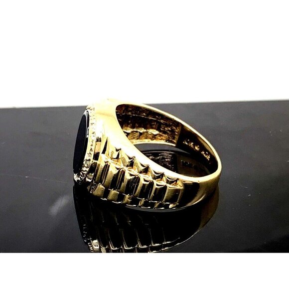 Rolex Style Ring 10k Yellow Gold Diamond Onyx Statement Cocktail Men's S… - Picture 2 of 14